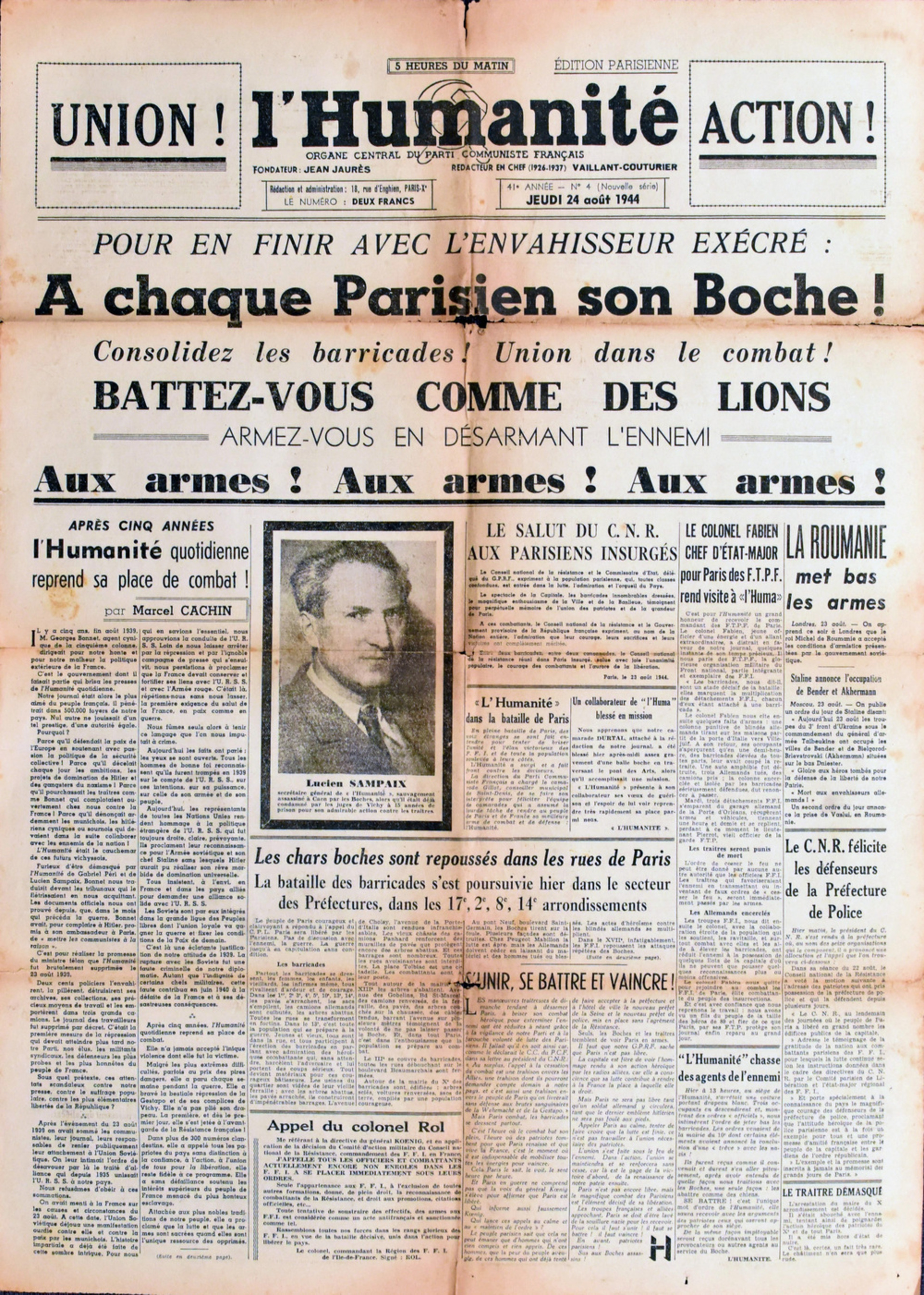 L´Humanite 24.8.1944 Un lettre d´´Auschwitz (Se...