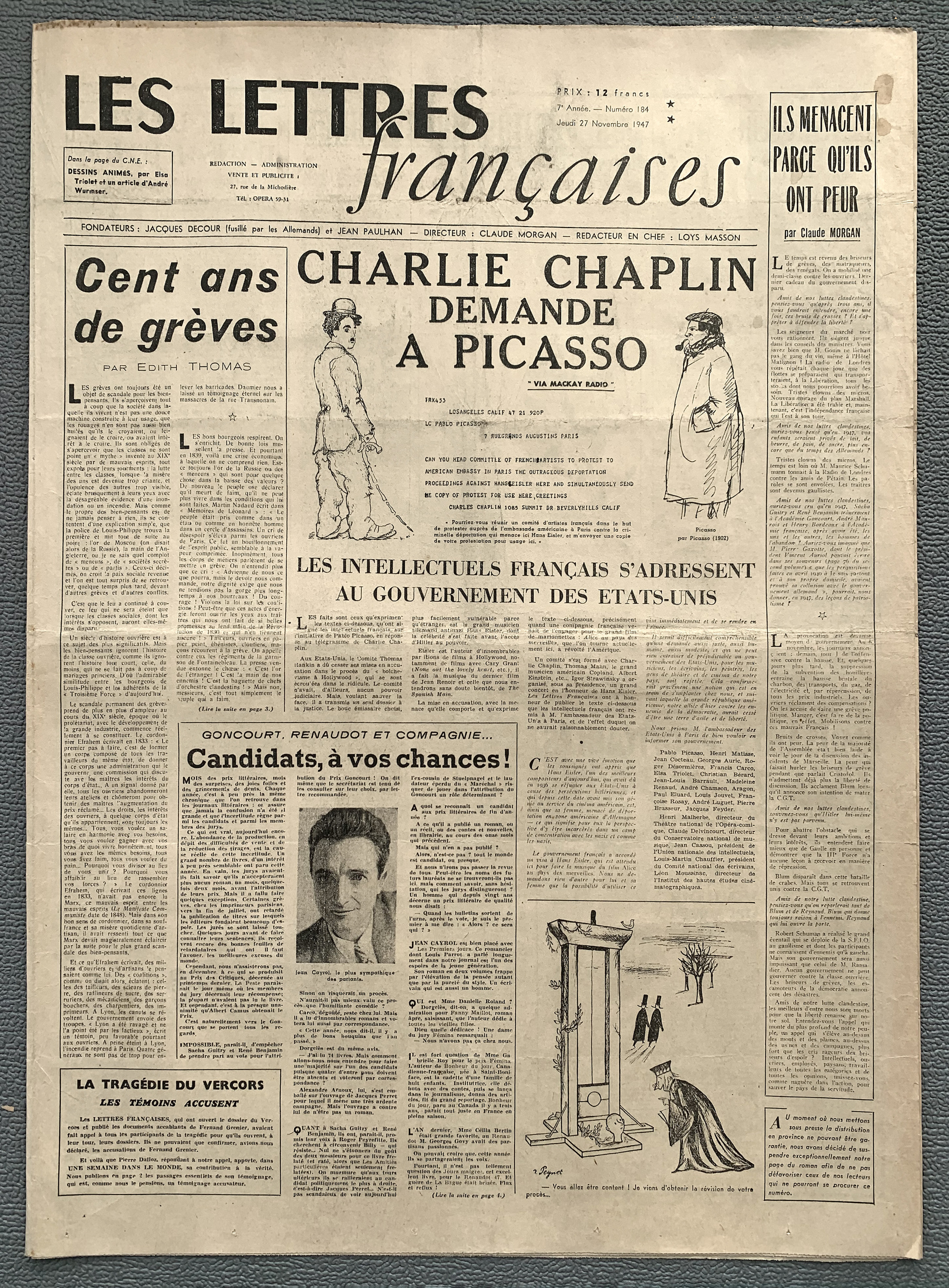 Les Lettres francaises 184 - 27 Novemre 1947, C...