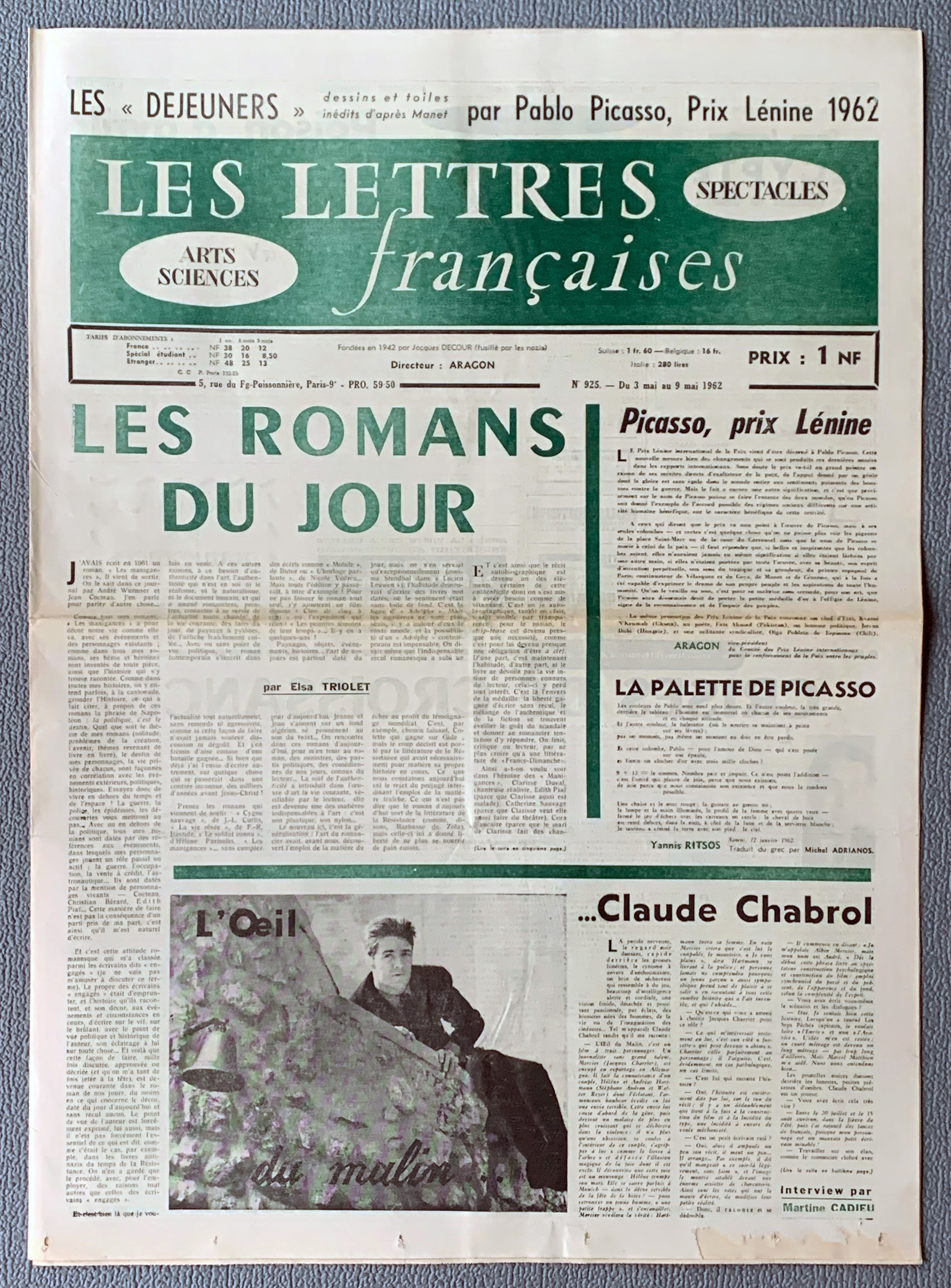 Lettres francaises 925 -  3.5-  9.5. 1962  - Pi...