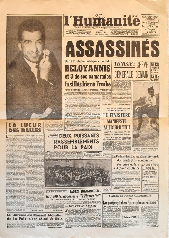 L´Humanite 31.3.1952 Beloyannis, auf Rückseite ...