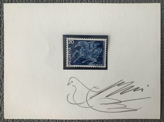 Briefmarke mit Handzeichnung Taube v. Erni